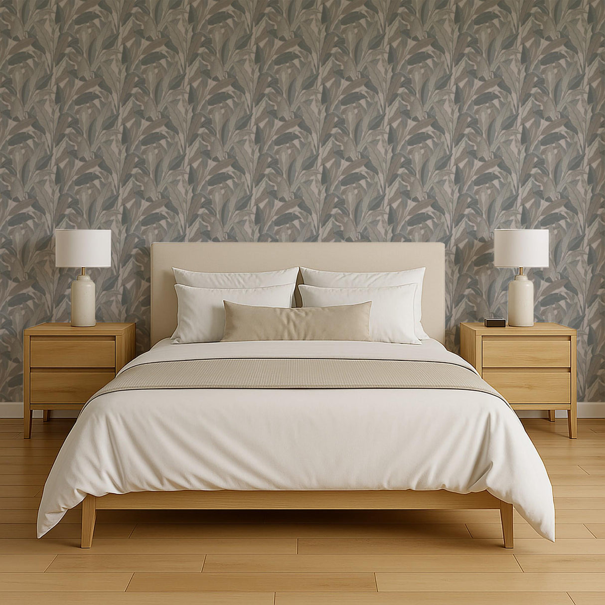 Veer Decor Embroidered Tropical Foliage Grey Wallpaper