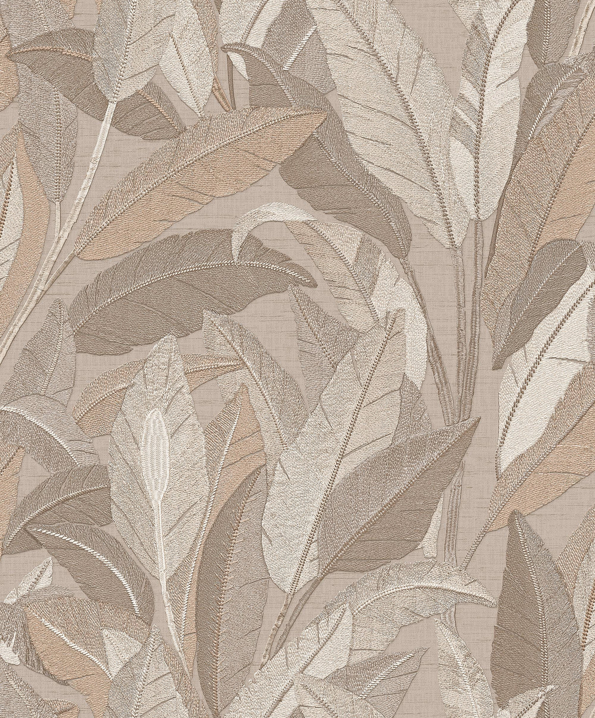 Veer Decor Embroidered Tropical Foliage Taupe Wallpaper