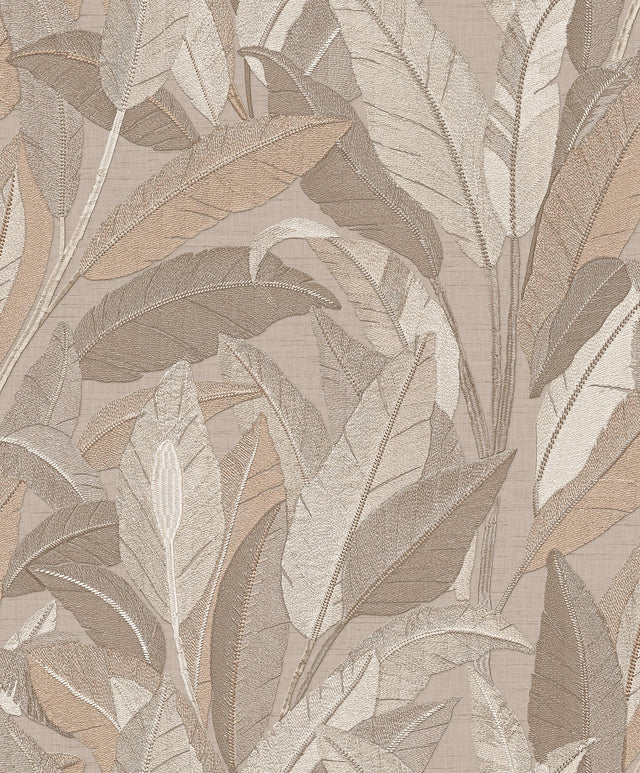 Veer Decor Embroidered Tropical Foliage Taupe Wallpaper