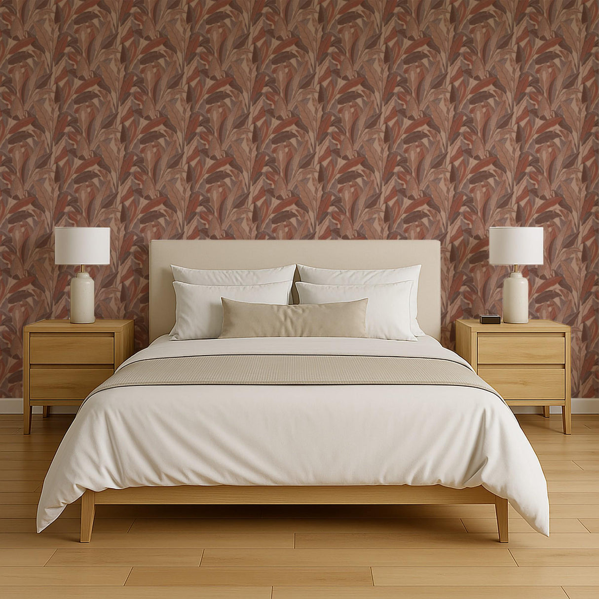 Veer Decor Embroidered Tropical Foliage Red Wallpaper