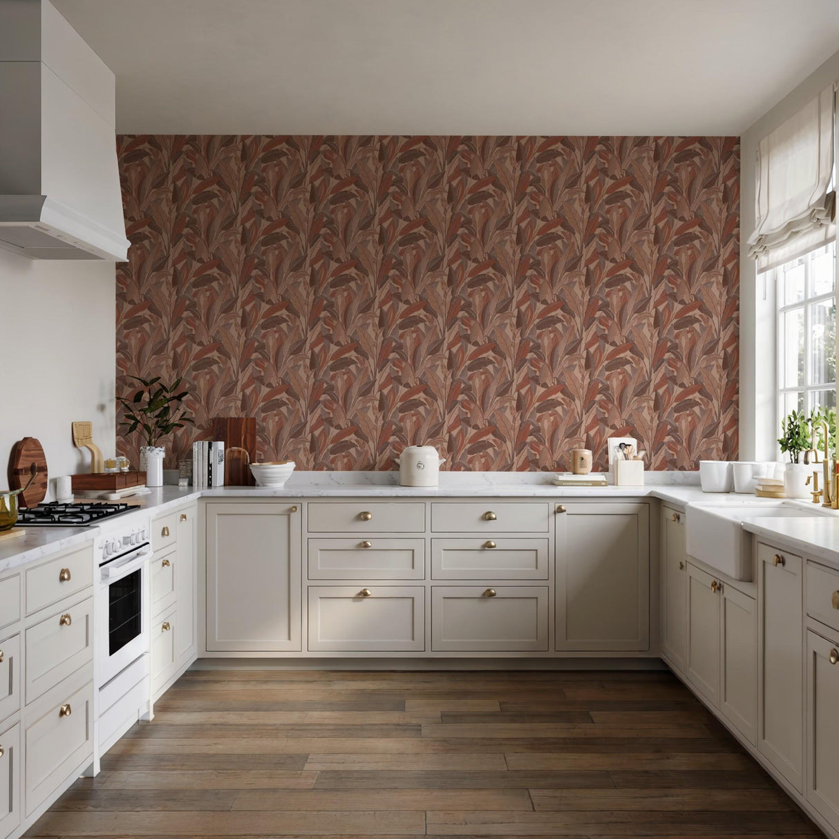 Veer Decor Embroidered Tropical Foliage Red Wallpaper