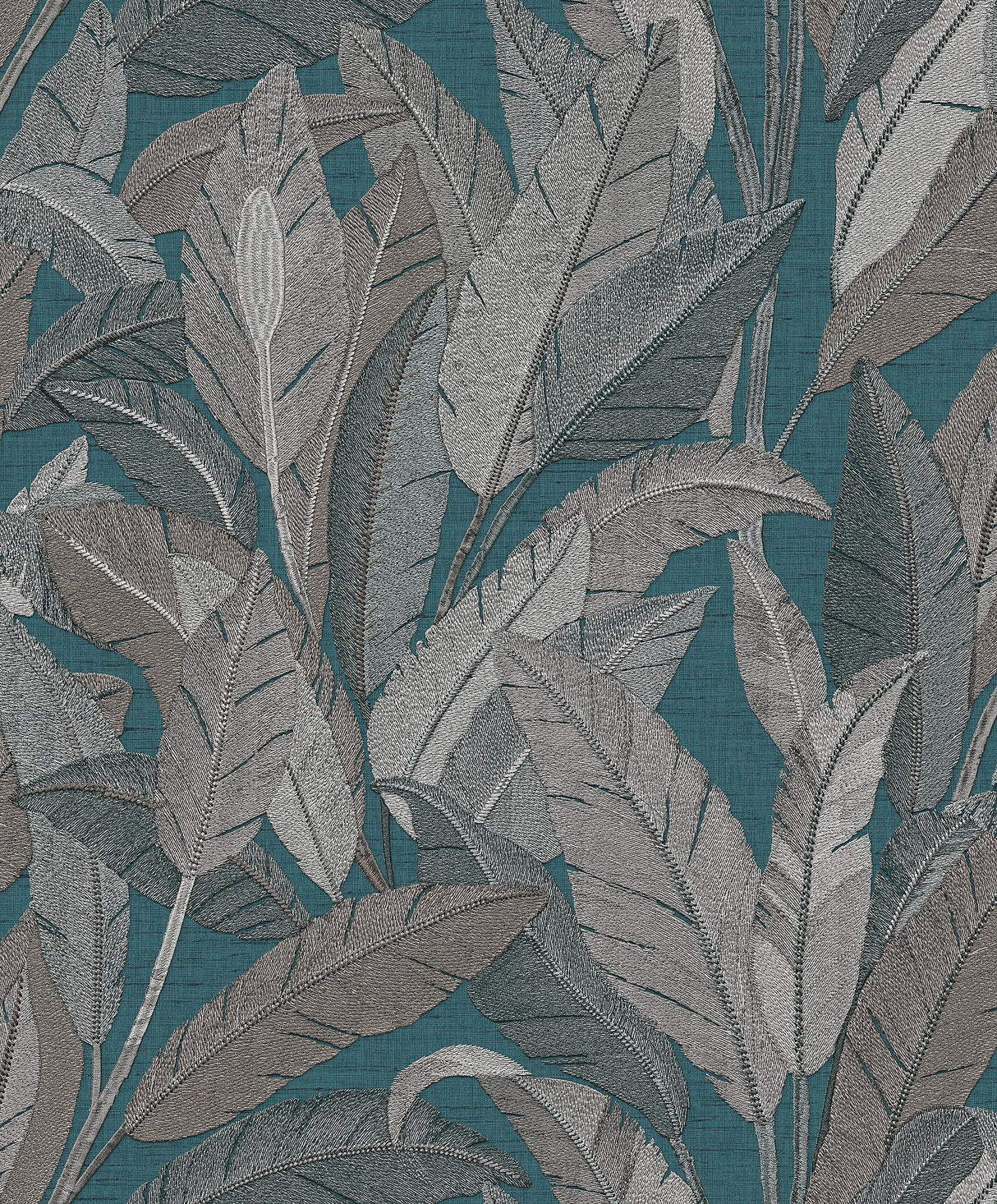 Veer Decor Embroidered Tropical Foliage Blue Wallpaper
