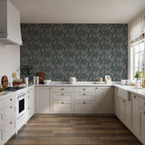 Veer Decor Embroidered Tropical Foliage Blue Wallpaper