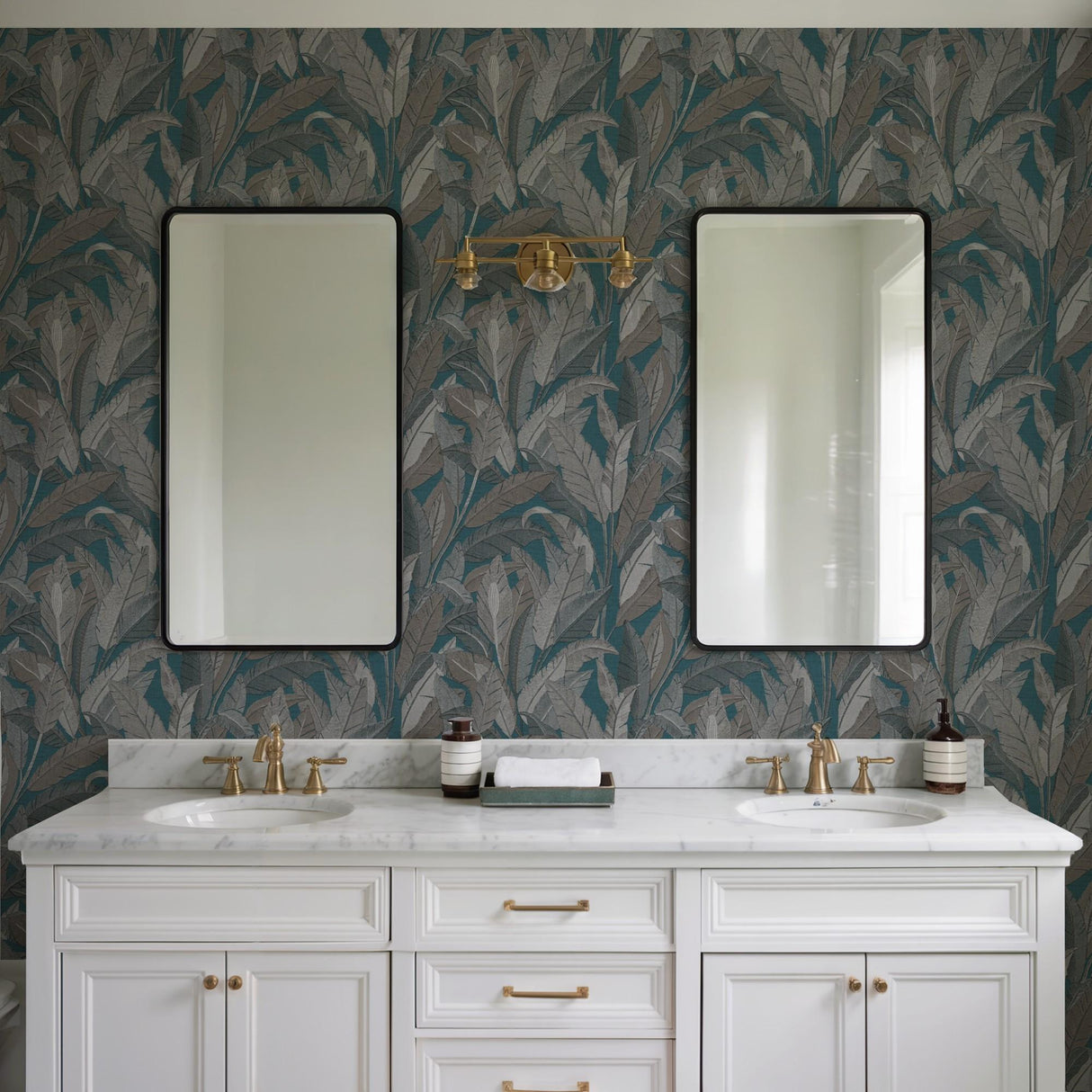 Veer Decor Embroidered Tropical Foliage Blue Wallpaper