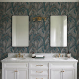 Veer Decor Embroidered Tropical Foliage Blue Wallpaper