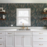Veer Decor Embroidered Tropical Foliage Blue Wallpaper