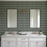 Veer Decor Embroidered Grecian Key Green Wallpaper