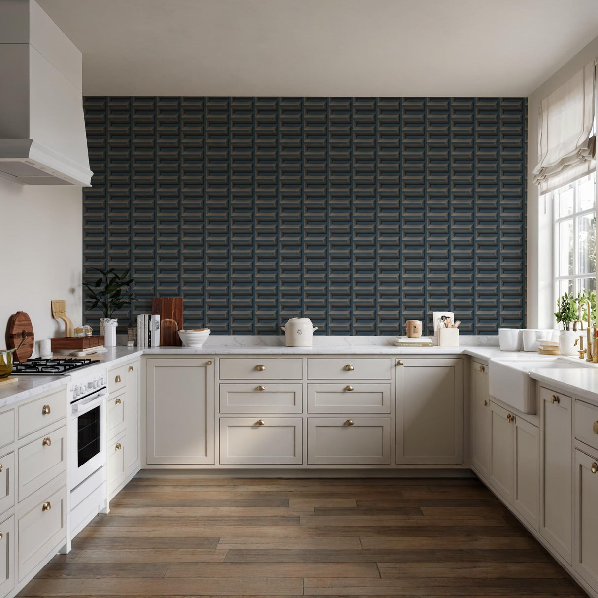 Veer Decor Embroidered Grecian Key Blue Wallpaper