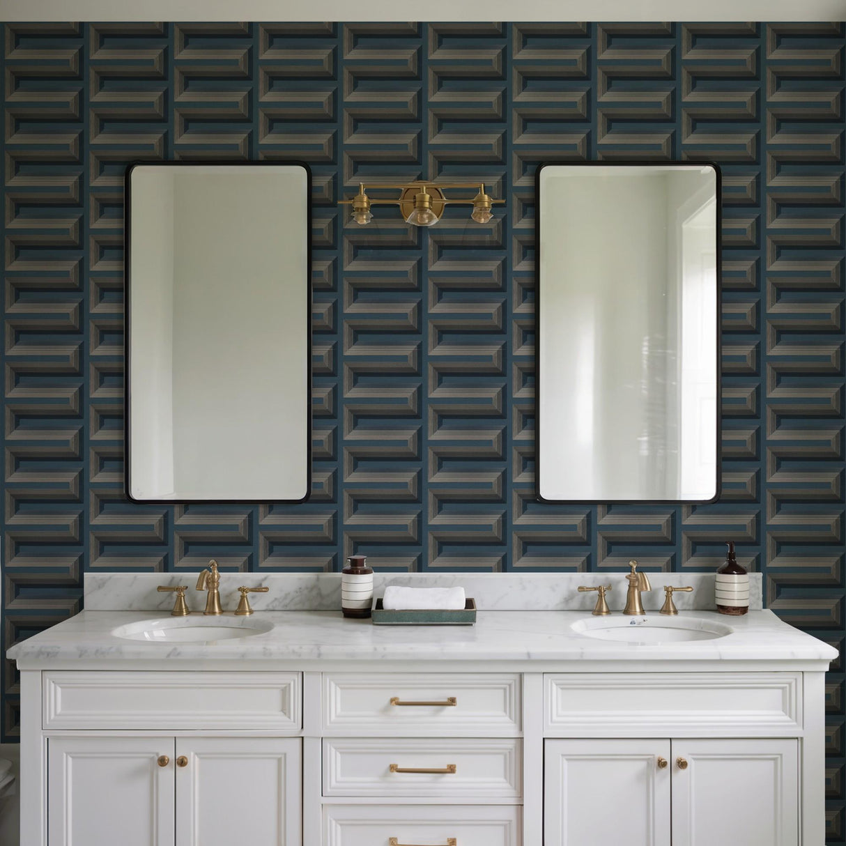 Veer Decor Embroidered Grecian Key Blue Wallpaper