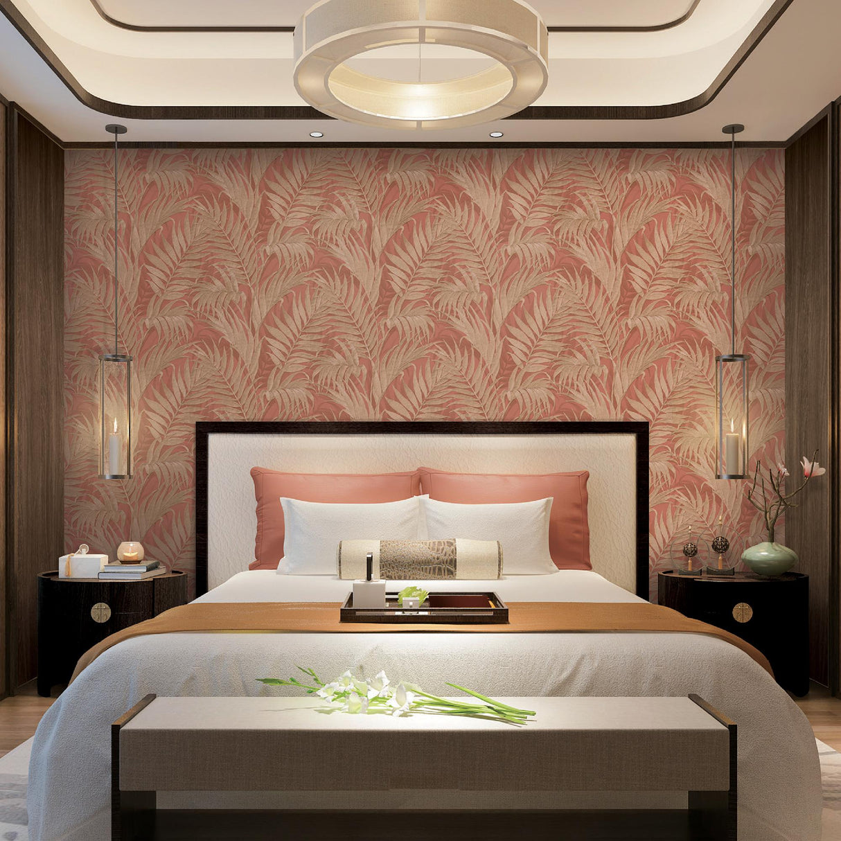 Veer Decor Embroidered Palm Coral Wallpaper