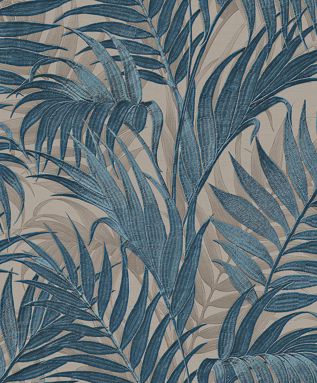 Veer Decor Embroidered Palm Blue Wallpaper