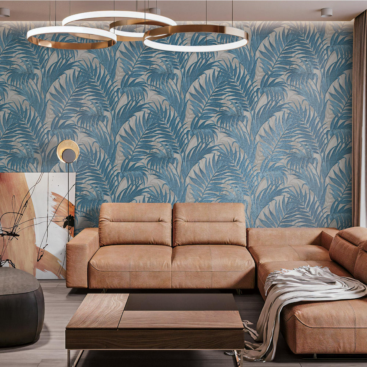 Veer Decor Embroidered Palm Blue Wallpaper