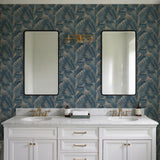 Veer Decor Embroidered Palm Blue Wallpaper
