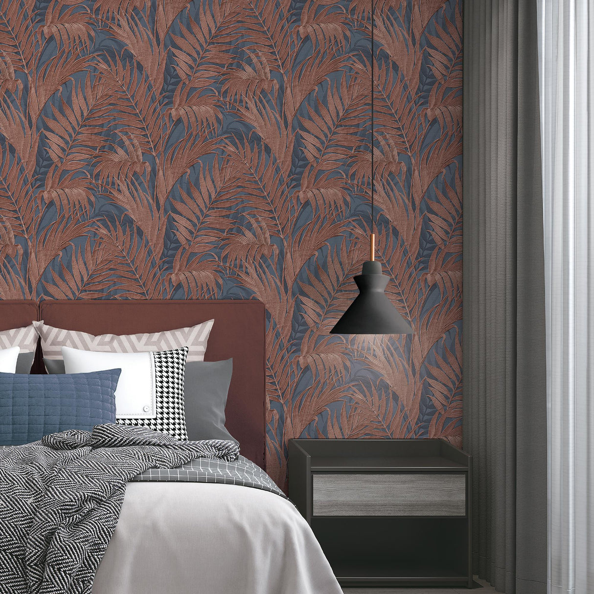 Veer Decor Embroidered Palm Navy Wallpaper