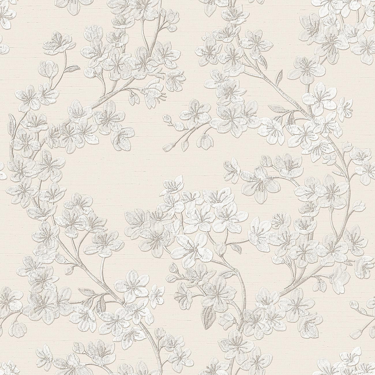 Veer Decor Embroidered Cherry Bloom Silver Wallpaper