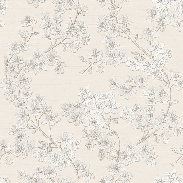 Veer Decor Embroidered Cherry Bloom Silver Wallpaper
