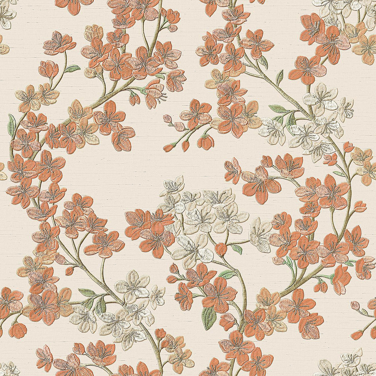 Veer Decor Embroidered Cherry Bloom Orange Wallpaper