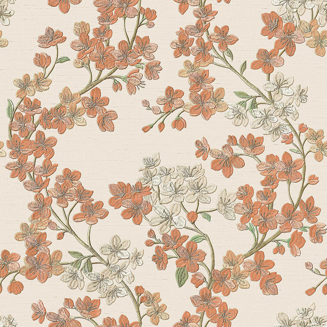 Veer Decor Embroidered Cherry Bloom Orange Wallpaper