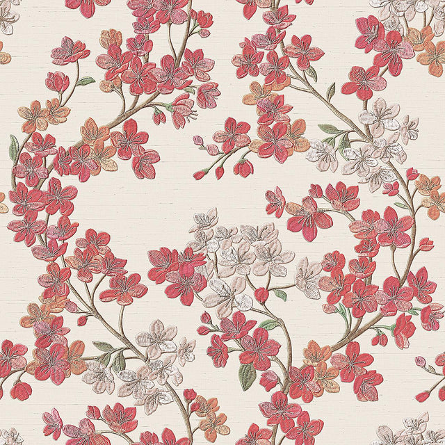 Veer Decor Embroidered Cherry Bloom Pink Wallpaper