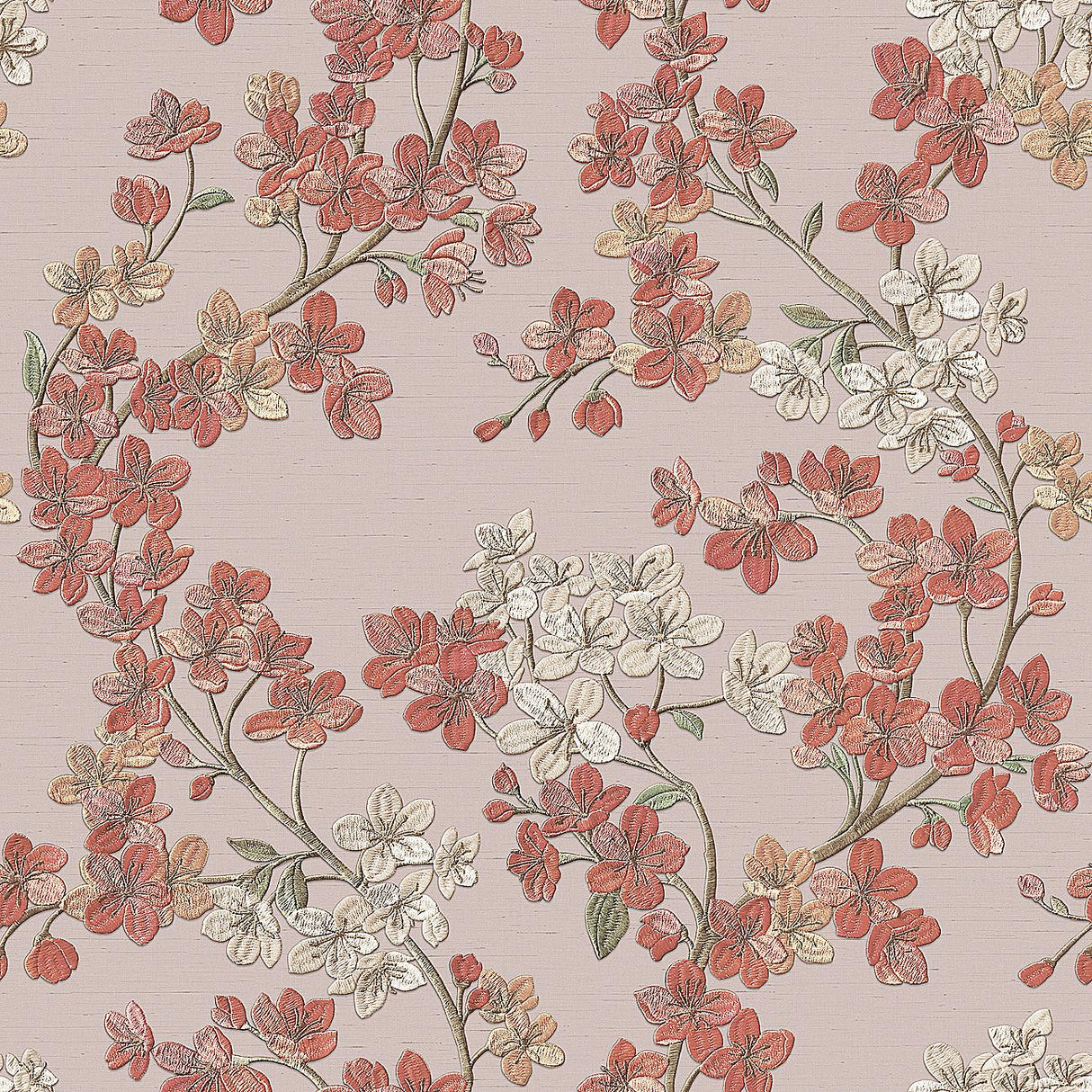 Veer Decor Embroidered Cherry Bloom Red Wallpaper