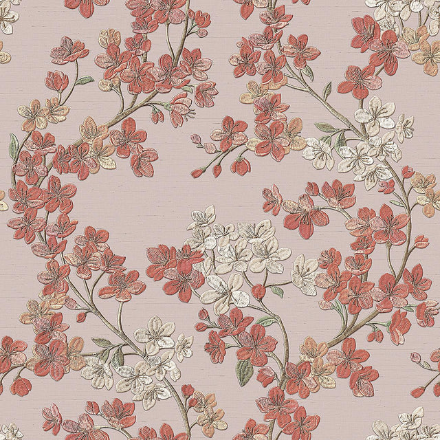 Veer Decor Embroidered Cherry Bloom Red Wallpaper