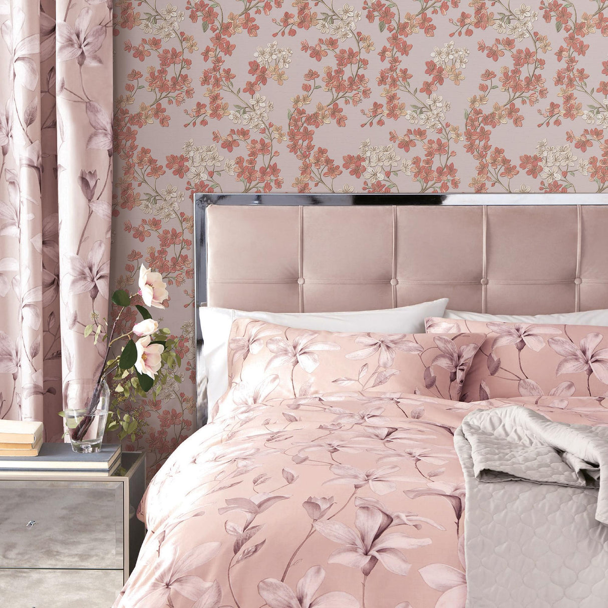 Veer Decor Embroidered Cherry Bloom Red Wallpaper