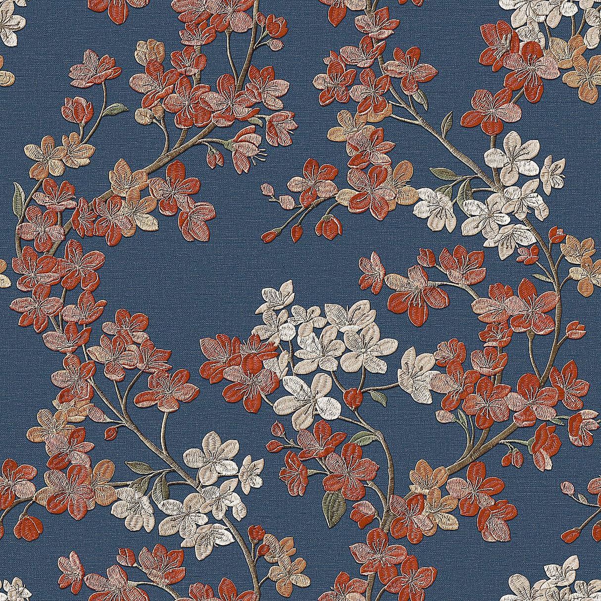 Veer Decor Embroidered Cherry Bloom Navy Wallpaper