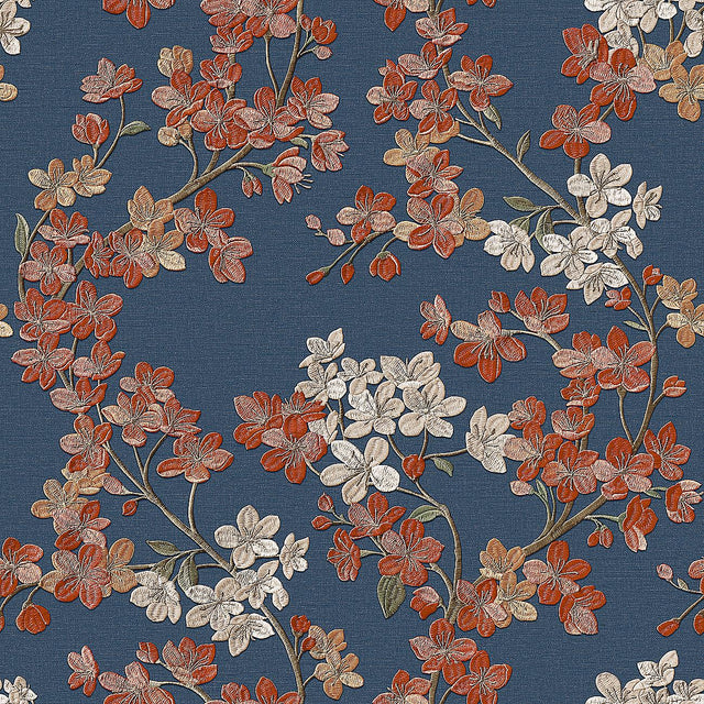 Veer Decor Embroidered Cherry Bloom Navy Wallpaper