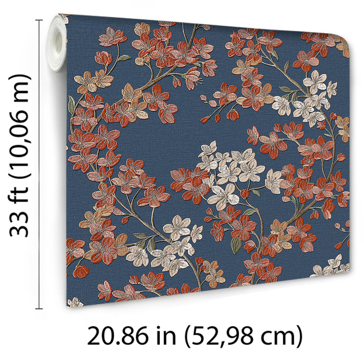 Veer Decor Embroidered Cherry Bloom Navy Wallpaper