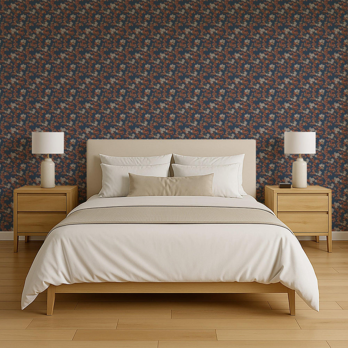 Veer Decor Embroidered Cherry Bloom Navy Wallpaper