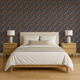 Veer Decor Embroidered Cherry Bloom Navy Wallpaper