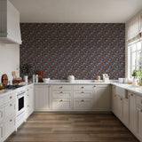 Veer Decor Embroidered Cherry Bloom Navy Wallpaper
