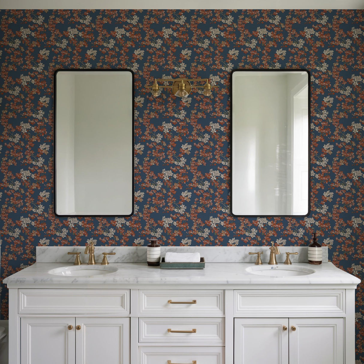 Veer Decor Embroidered Cherry Bloom Navy Wallpaper