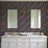 Veer Decor Embroidered Cherry Bloom Navy Wallpaper