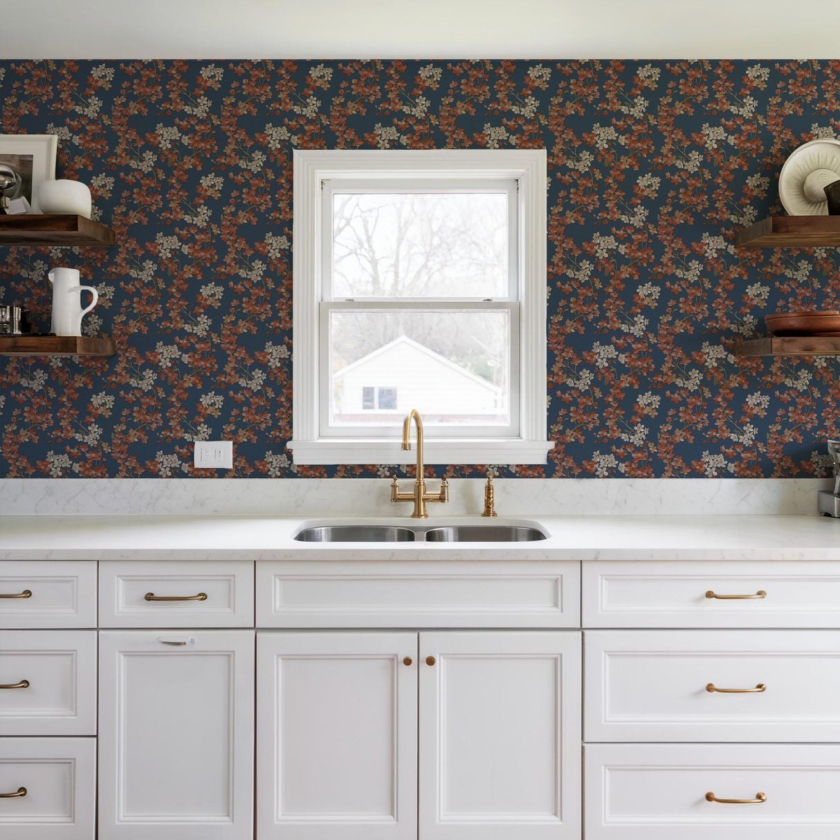 Veer Decor Embroidered Cherry Bloom Navy Wallpaper