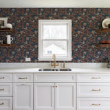 Veer Decor Embroidered Cherry Bloom Navy Wallpaper