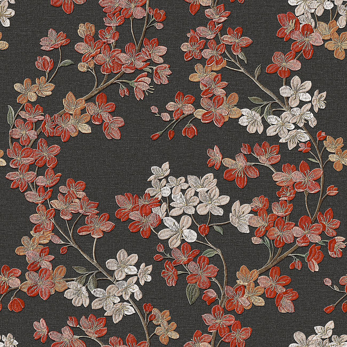 Veer Decor Embroidered Cherry Bloom Black Wallpaper
