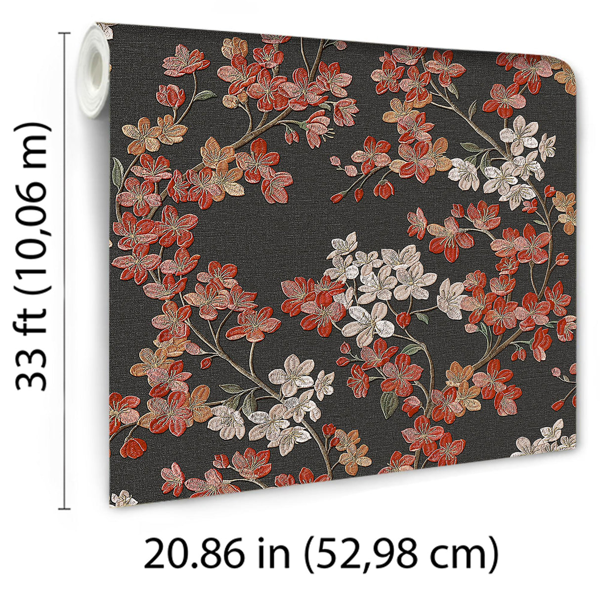 Veer Decor Embroidered Cherry Bloom Black Wallpaper