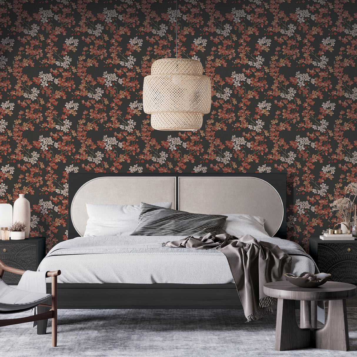 Veer Decor Embroidered Cherry Bloom Black Wallpaper
