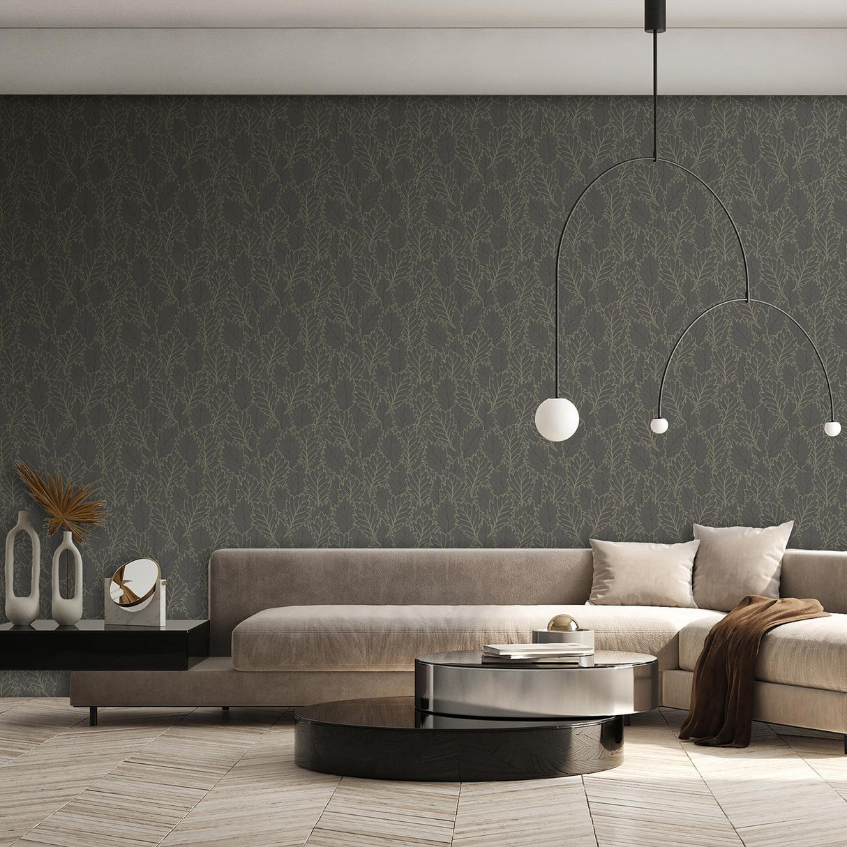 Veer Decor Quercus Leaves Grey Wallpaper