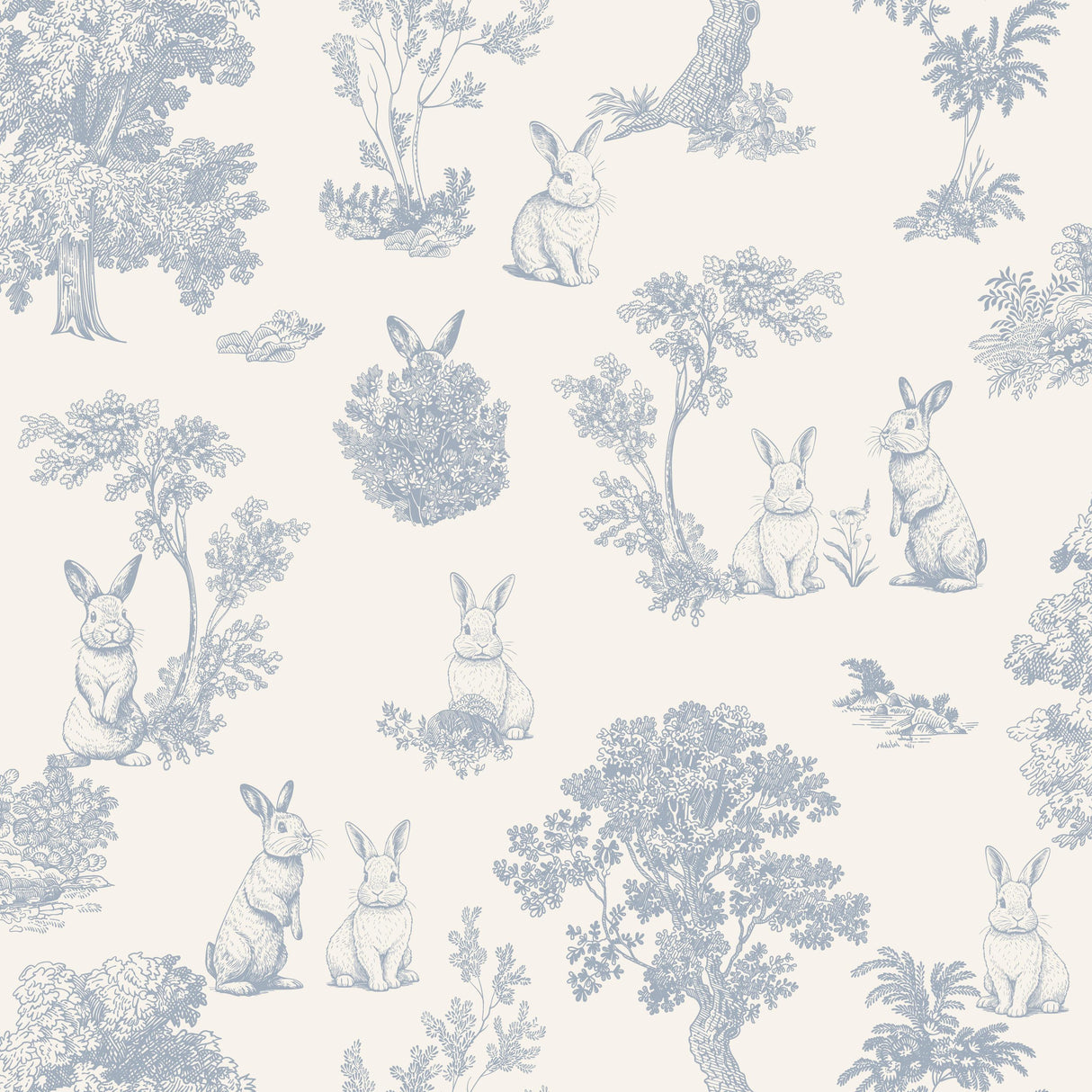 Veer Decor Cottontails Bunny Toile Blue Wallpaper