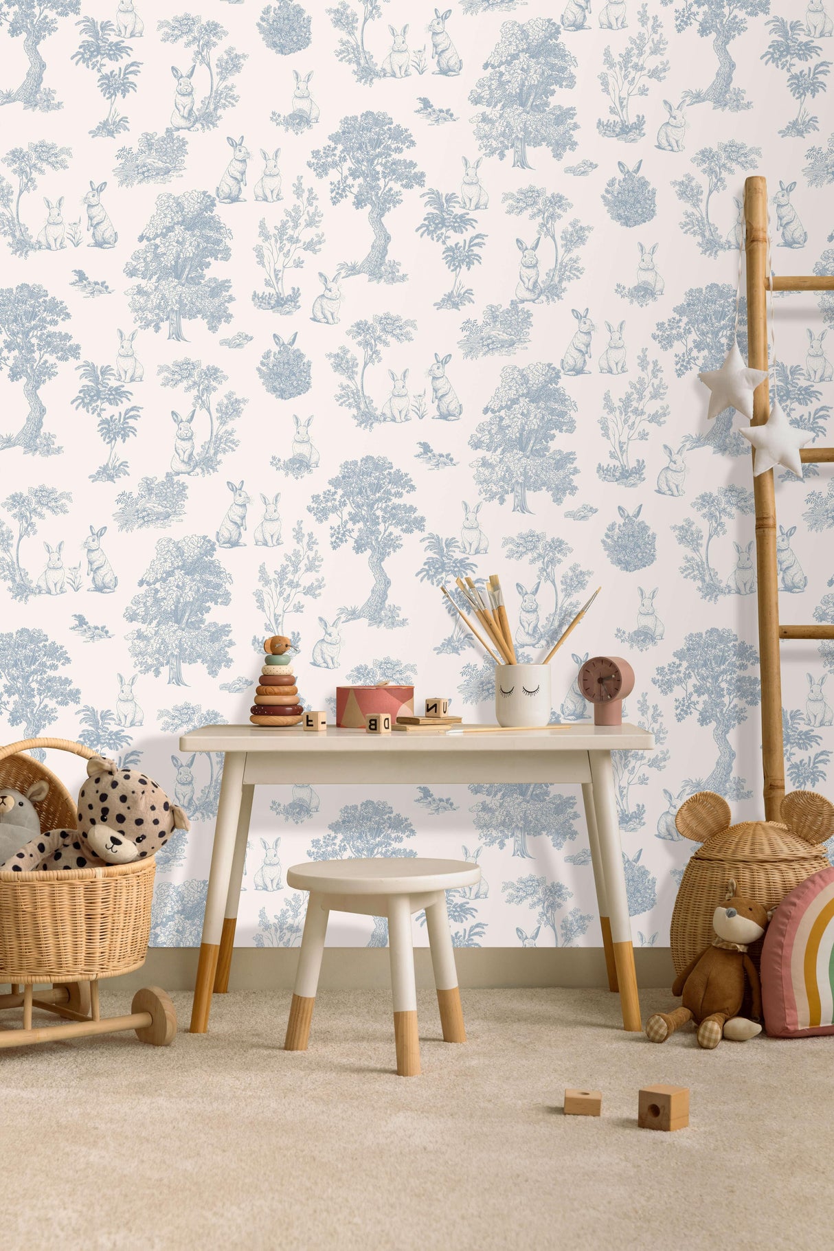 Veer Decor Cottontails Bunny Toile Blue Wallpaper