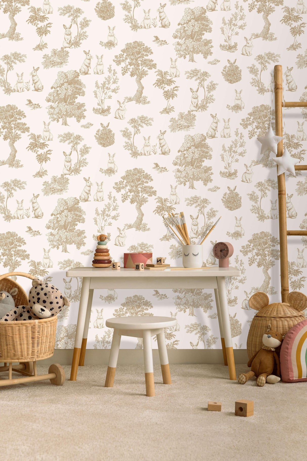 Veer Decor Cottontails Bunny Toile Beige Wallpaper