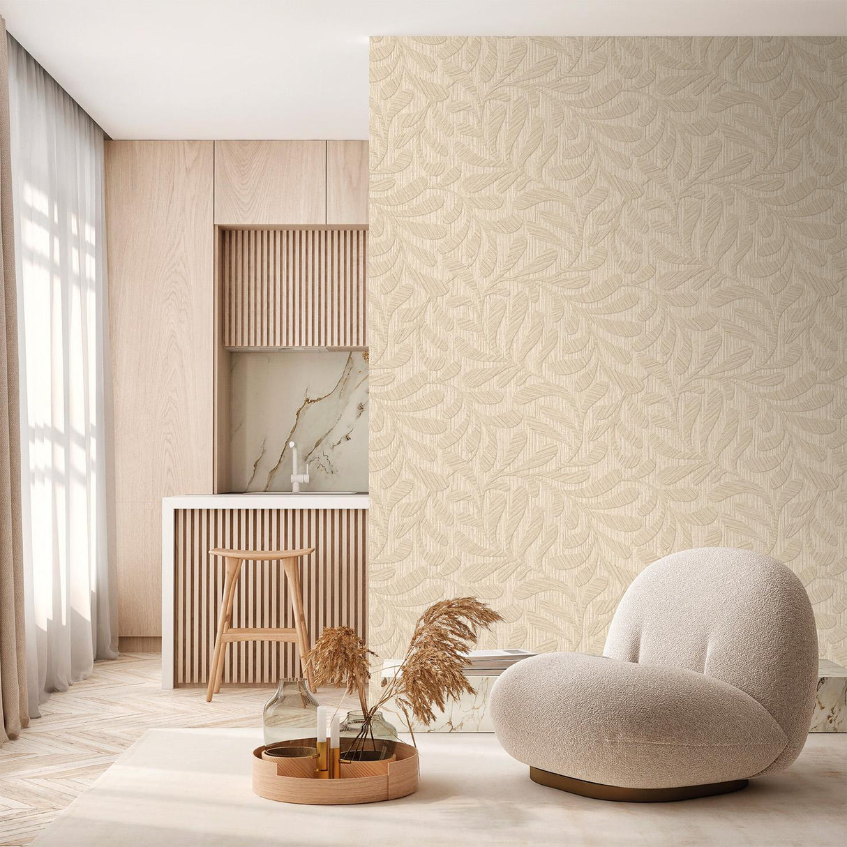 Veer Decor Carved Foliage Natural Wallpaper