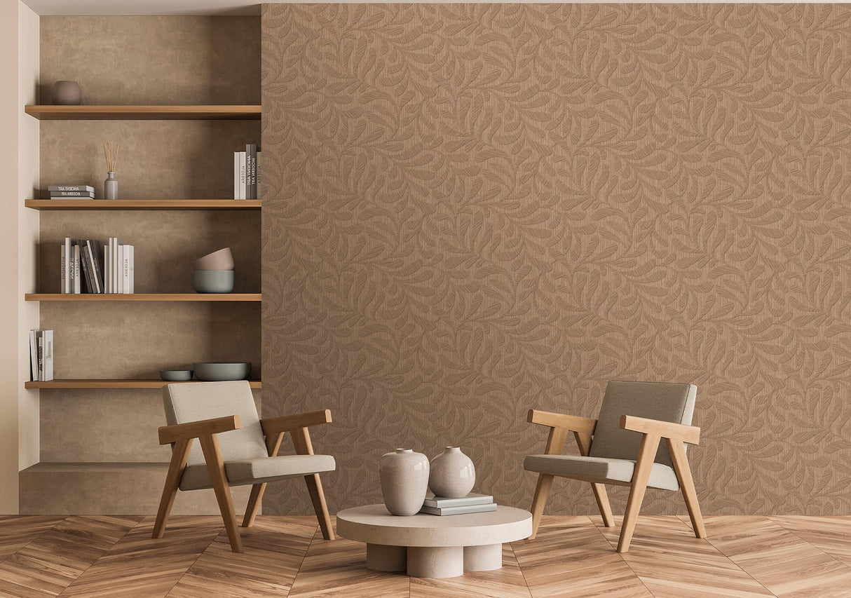 Veer Decor Carved Foliage Chestnut Wallpaper