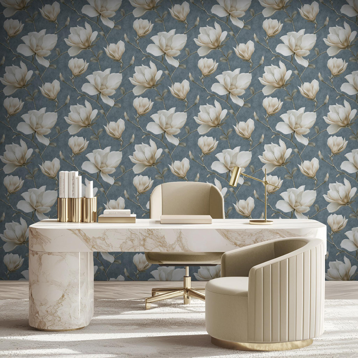 Veer Decor Grand Magnolia Bue Wallpaper