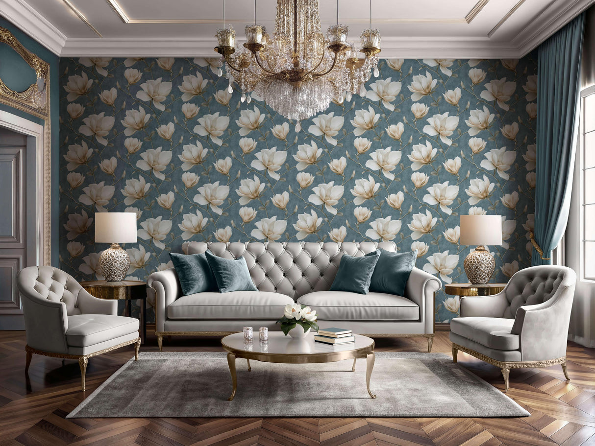 Veer Decor Grand Magnolia Bue Wallpaper