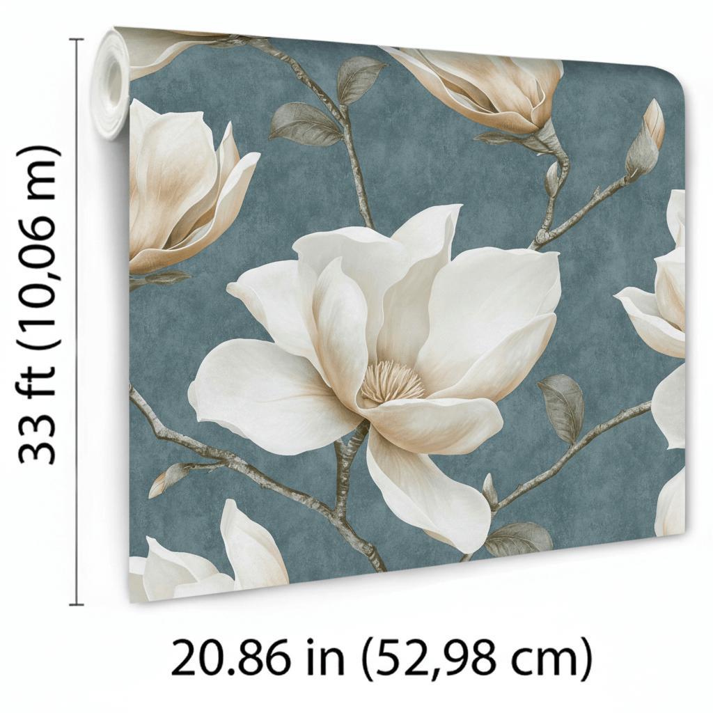 Veer Decor Grand Magnolia Bue Wallpaper