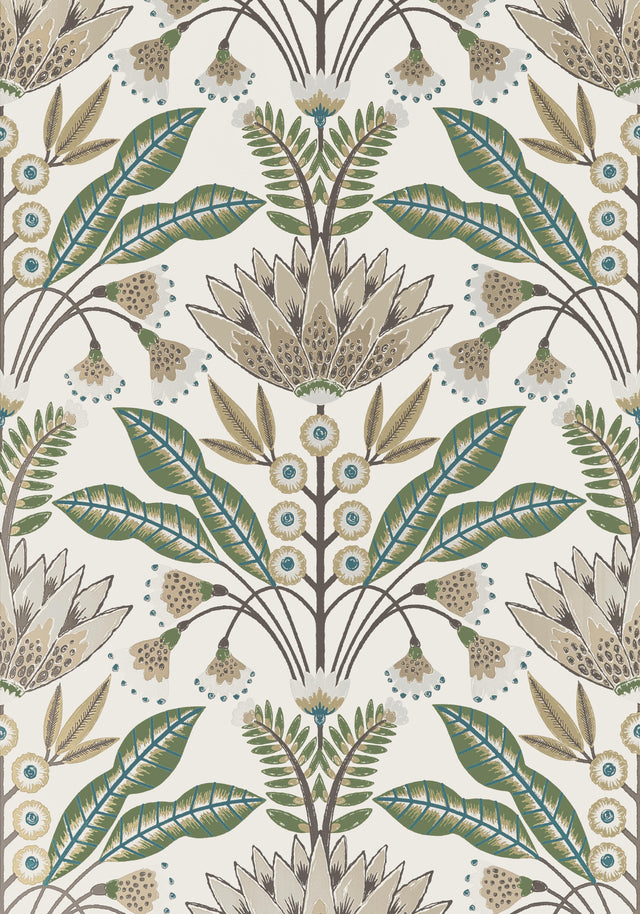 Thibaut Lotus Green And Beige Wallpaper