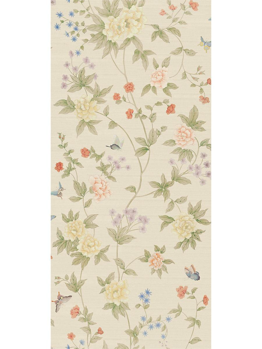 Scalamandre Luoyang Garden Sisal Antiqued Gold Coral Wallpaper